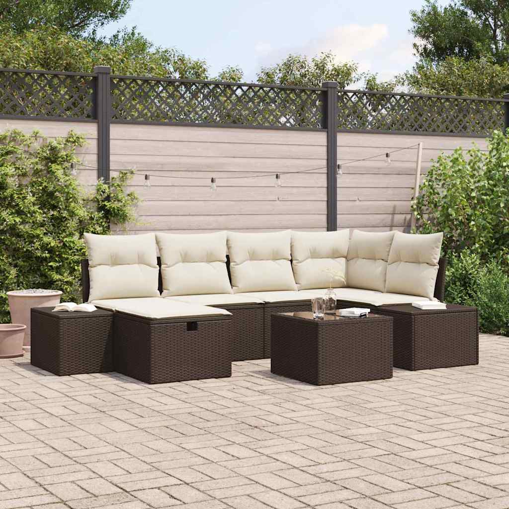 Garten-Sofa-Set mit Kissen 7 pcs Braun Poly Rattan